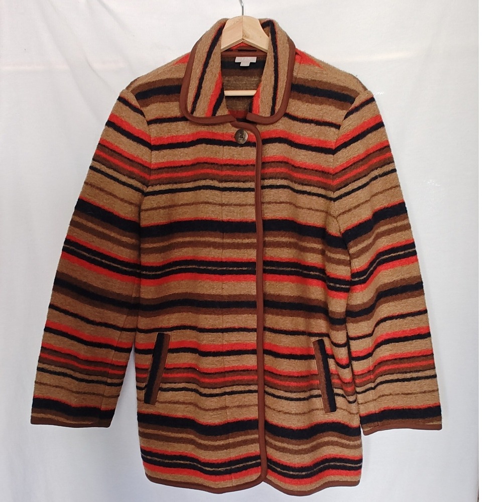 J Jill Wool Blend Brown Orange Southern Striped Button Front Jacket Mid-Length L